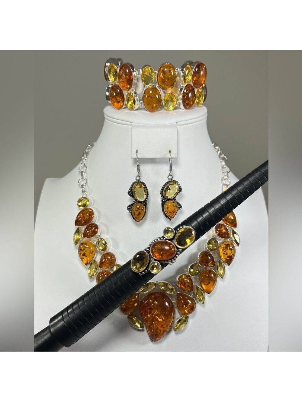 Amber & Citrine 925 Large synthetic stones Necklace Bracelet & ONE Earring ONLY - Picture 6 of 17